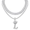 Honsny A-Z Crown Initial Necklace for Men Women 18K Gold Plated Miami Cuban Link Chain Layered Bling Diamond Iced Out Chain Pendant Necklace Hip Hop Jewelry Gift 2PCS Chains