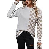 OYOANGLE Women's Checkered Pullover Sweater Crewneck Long Sleeve Contrast Trim Knitwear Tops
