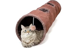 ZENFUN 51"x 12" Collasiple Cat Play Tunnel, Cats Tubes and Tunnels, Cat Foldable Hide and Seek Tunnel Toy, Brown Suede Pet Tube Toy for Rabbits, Ferrets, Puppy, Diameter 12 Inch