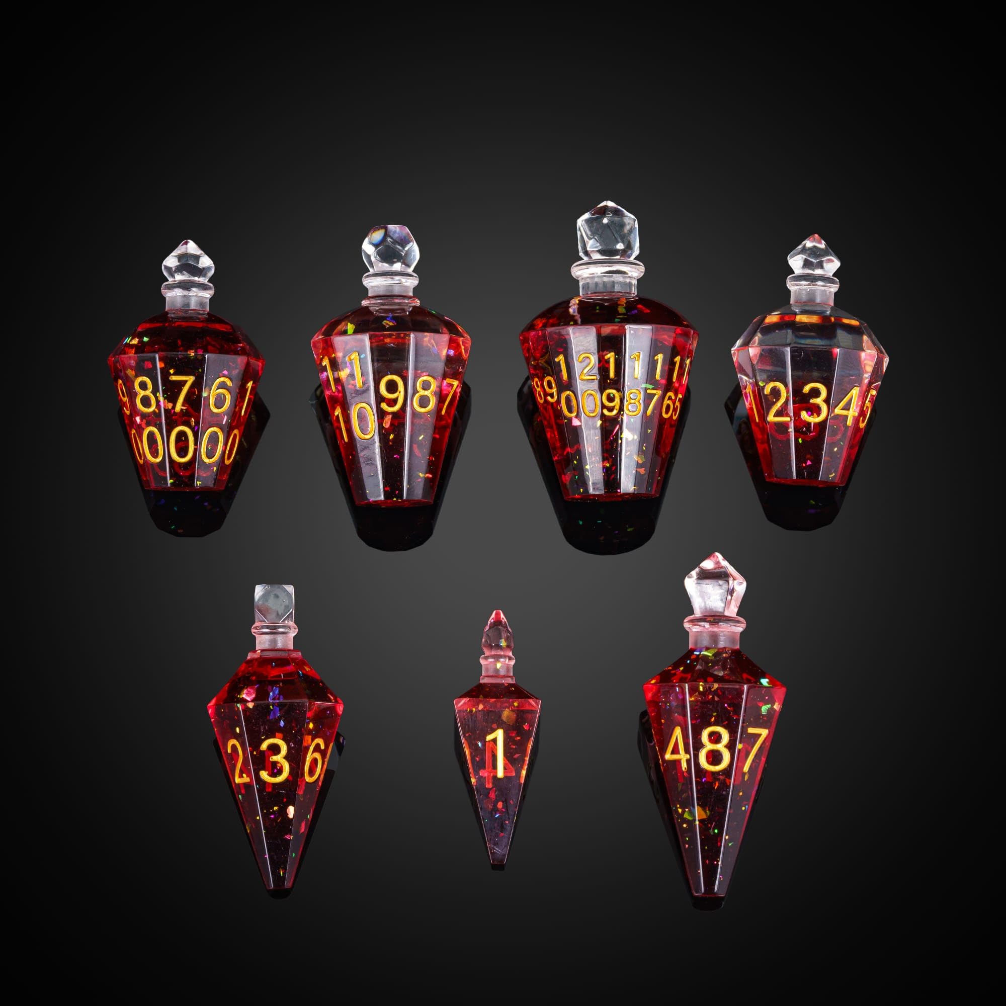 Cusdie 7-Die Sharp Edges DND Dice Set, Potion Shaped D&D Dice, Handcrafted Polyhedral Dice Set, Potion Dice for Dungeons and Dragons TTRPG Role Playing Game (Red w/Gold Numbers)