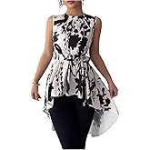MakeMeChic Women's Floral Crew Neck Blouse High Low Sleeveless Belted Shirt Tops