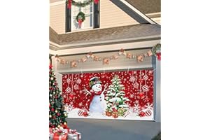 Hokiten Red Christmas Garage Door Cover 7x8Ft, Snowflake Snowman Banner, Winter Seasonal Xmas Tree Balls Decorations Backdrop for Holiday