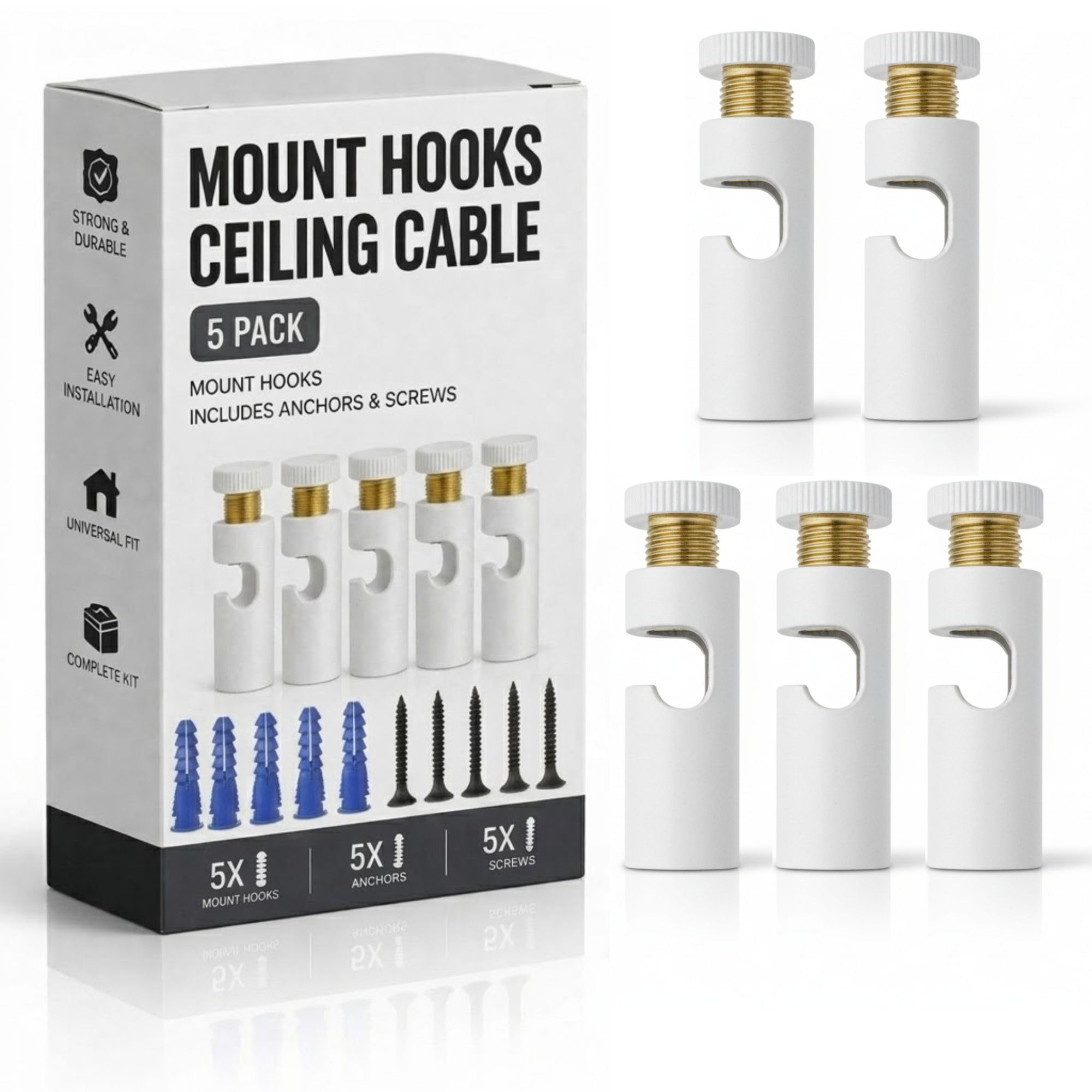 LEDSone 5 Pcs Ceiling Cable Mount Hooks for Swag Chandelier and Spider Lighting Minimalist Cord Keeper Easy Fit Metal Hook with Screw for Pendant Light Cable