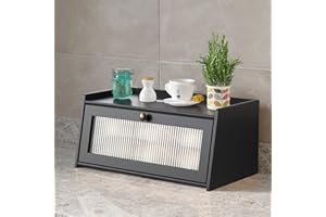 Bamboo Bread Box for Kitchen Counter, Wooden Large Capacity Bread Storage Bin with Window Bread Holder (Black, Single Layer)