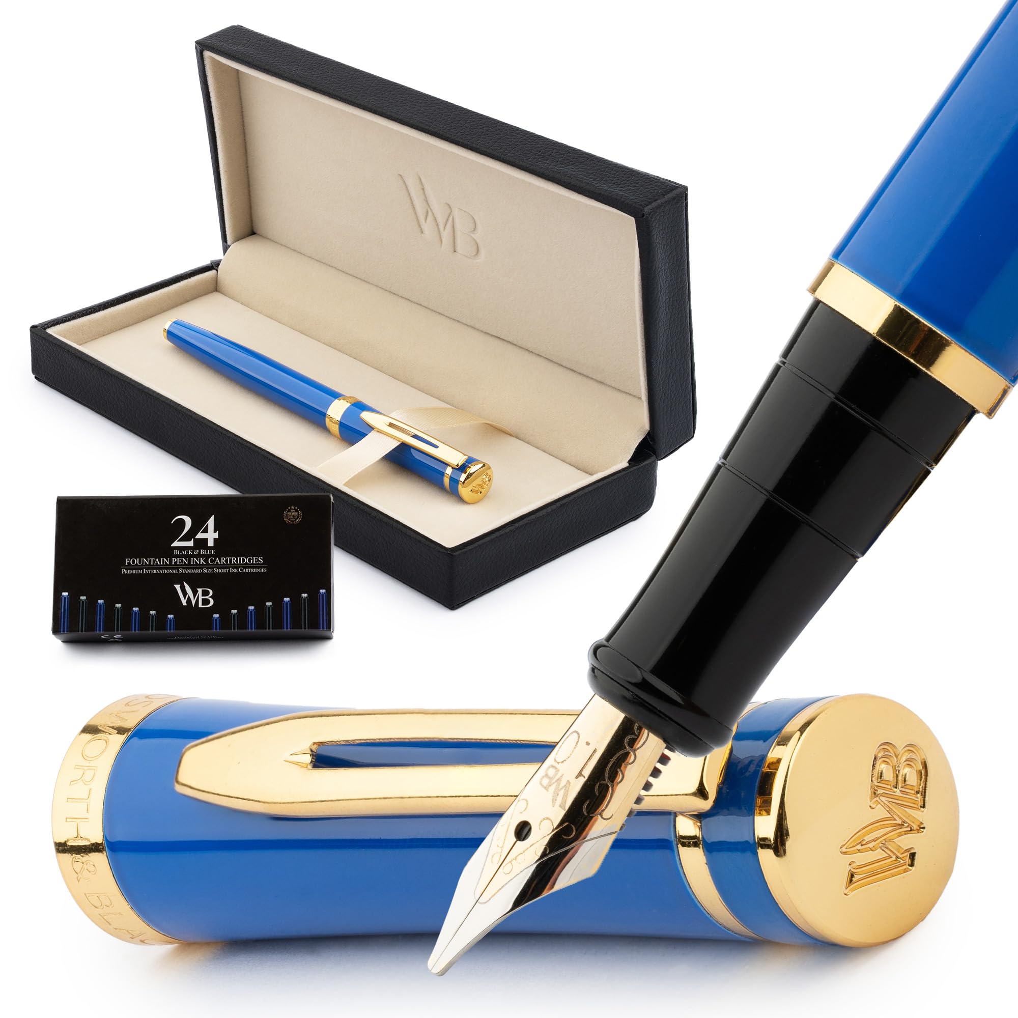 Wordsworth & Black Fountain Pen Set, 18K Gilded Broad Nib, Includes 24 Pack Ink Cartridges, Ink Refill Converter & Gift Box, Gold Finish, Calligraphy, [Imperial Blue], Perfect for Men & Women