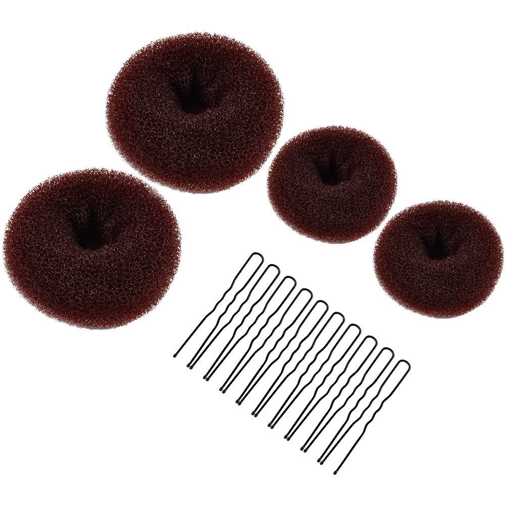 Hair Donuts for Buns, MORGLES 4pcs Hair Bun Maker Shaper Set with 10pcs Bobby Pins for Dancer Ballerina, Brown