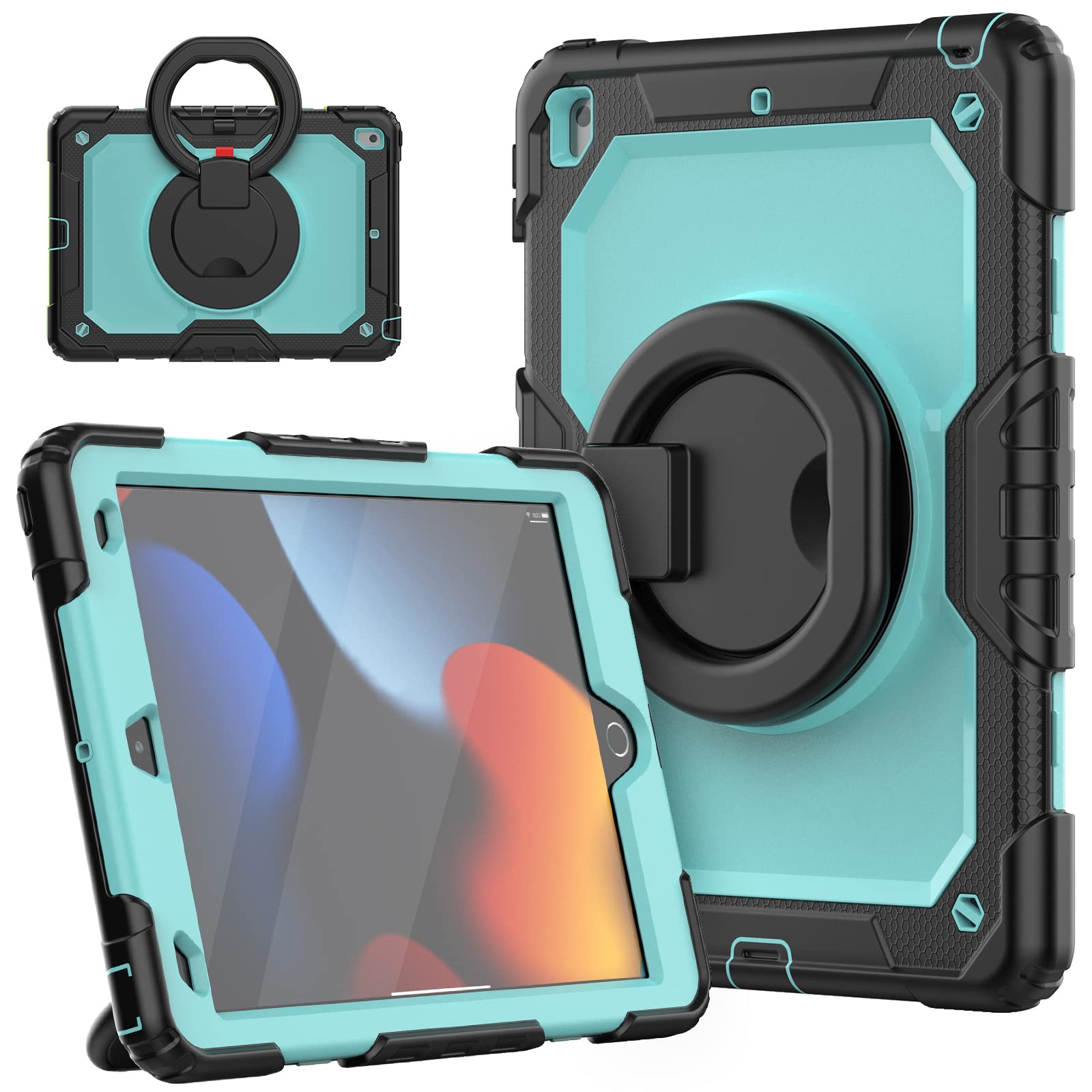 HUEZOE Case for iPad 10.2 Inch, Model 2021/2020/2019 Shockproof Full Body Protective Cover with 360 Degree Rotating Stand Shoulder Strap for iPad 9/8/7, Light Blue Black