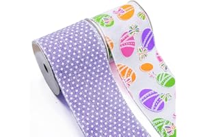 ESTIVAUX 2 Rolls Easter Eggs Ribbons 2.5 Inch ×5 Yards, White Purple Burlap Ribbon Bows for Wreath, Holiday Craft Wired Edge Ribbons Bows for Easter Party Gift Wrapping Decorations