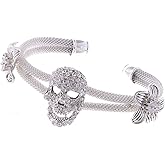 Alilang Womens Jewelry Gothic Punk Skull Floral Halloween Rhinestone Gray Silver Cuff Bracelet