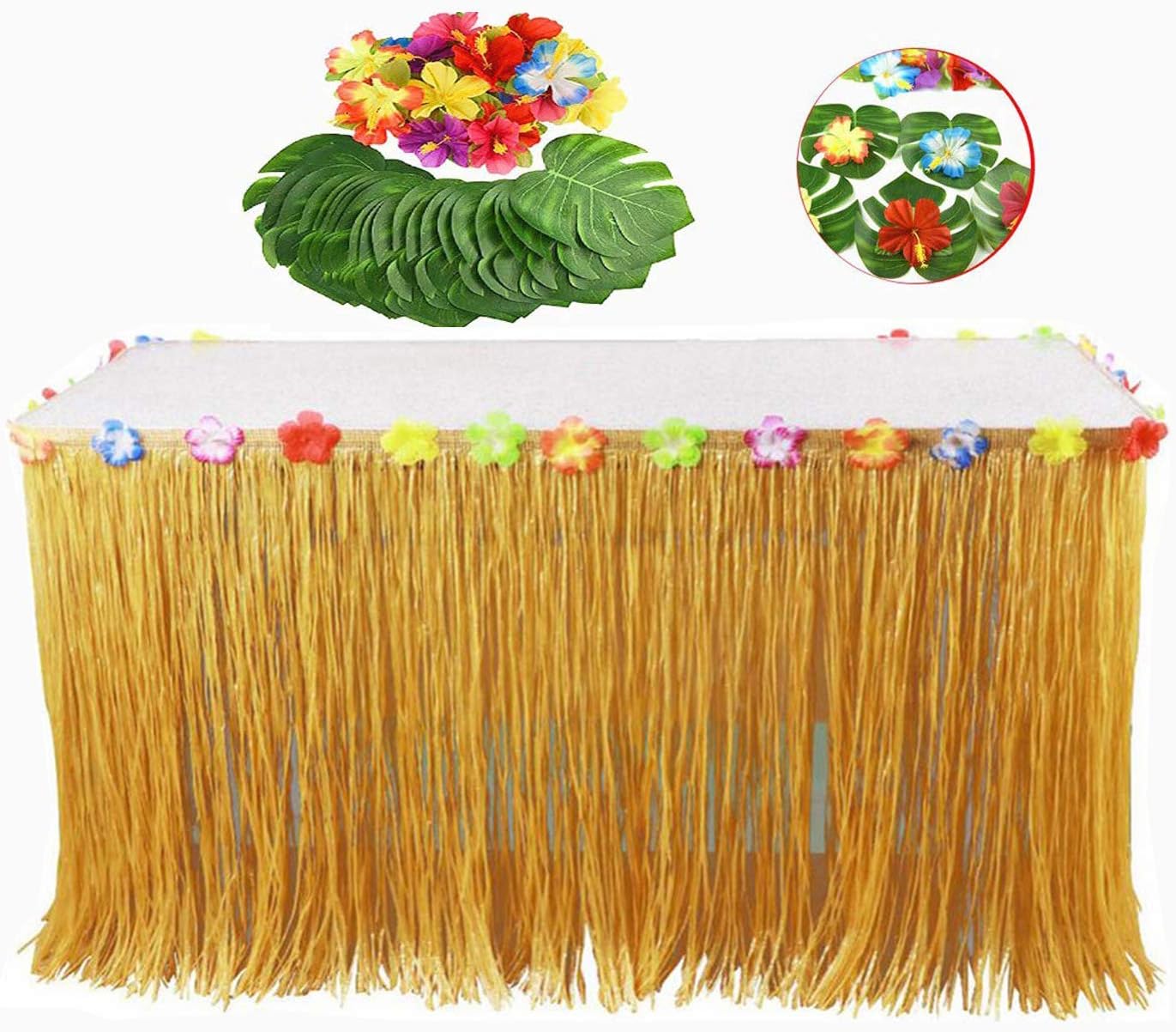 Hawaiian Luau Table Skirt Set, Xndryan 149 Pieces Hawaiian Tropical Party Decorations Include Hawaiian Table Skirt, Palm Leaves, Hawaiian Flowers, Garlands Banners, Cocktail Umbrellas, Cake Topper