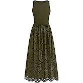 dowerme Women Summer Dresses 2026 Casual Sleeveless Crewneck A-Line Boho Lace Eyelet Cotton Tank Maxi Dress with Pockets