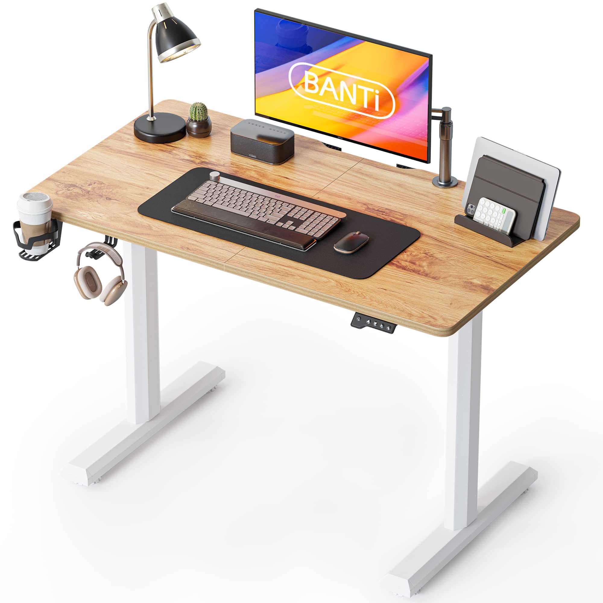 BANTI 44 x 24 Inches Standing Desk, Height Adjustable Electric Standing Desk, Stand up Table, Sit Stand Home Office Desk with Splice Board, Light Rustic Image
