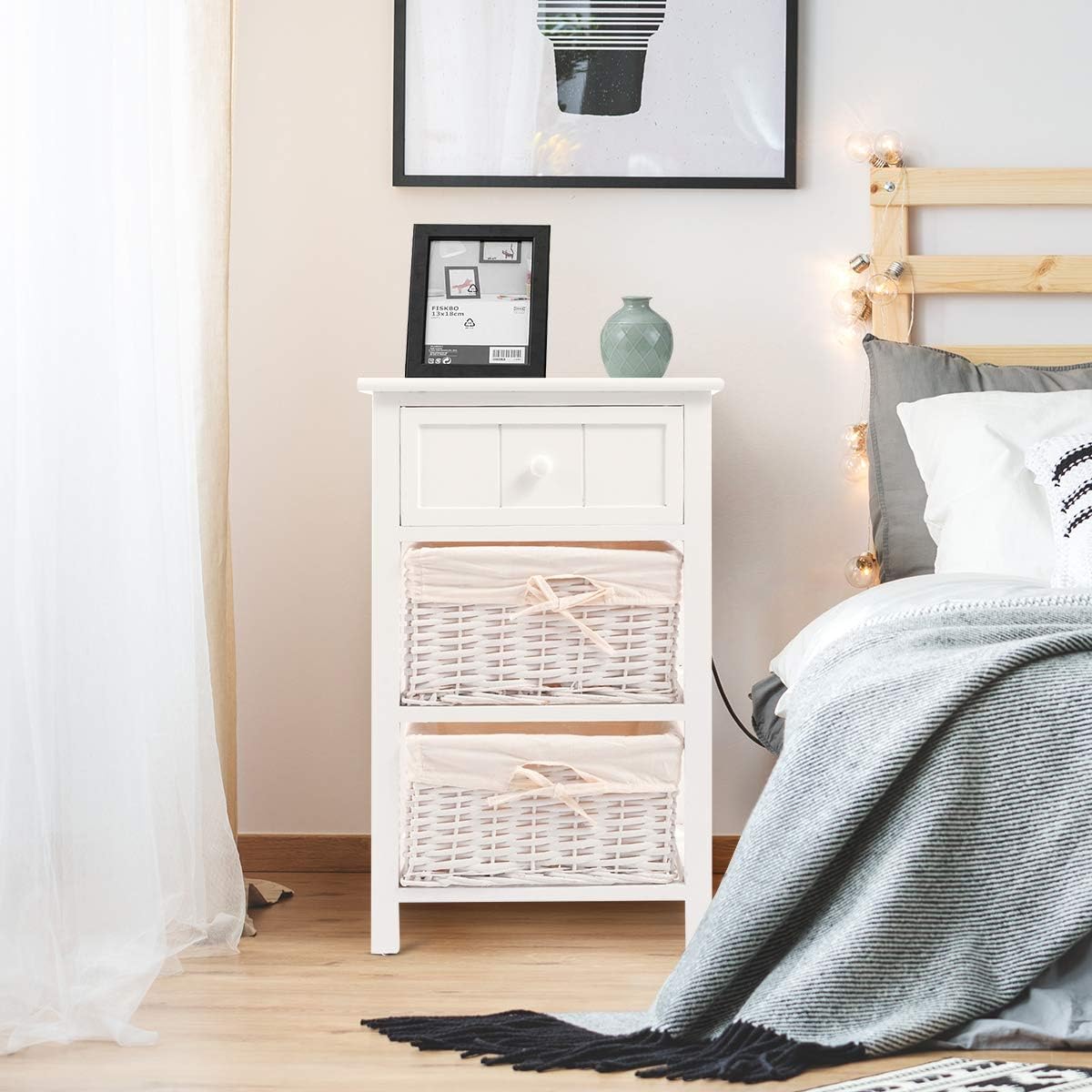 Giantex Nightstand with Drawers Wooden, W/ 2 Storage Baskets and Open Shelf for Bedroom, Bedside Sofa End Table (2, White): Kitchen & Dining