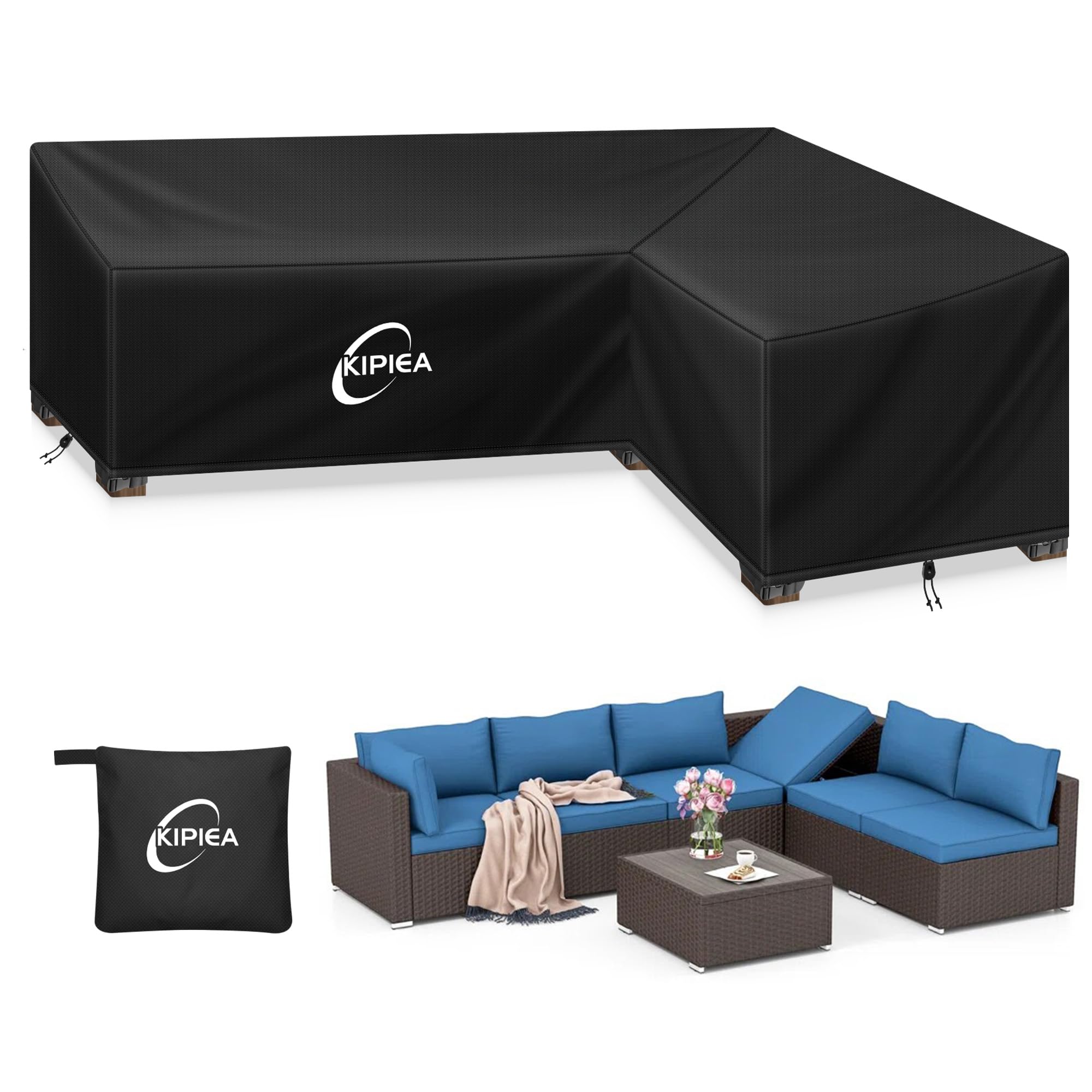 Photo 1 of Kipiea Patio L-Shaped Sectional Sofa Cover, 420D Heavy-Duty Oxford Fabric Outdoor Sectional Cover with 6 Windproof Buckles, No Tears Anti UV No Fading (Right Facing, 104" x 83" L x 33.5" D x 31" H)
