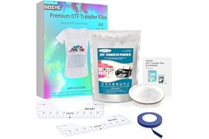GOZYE DTF Transfer Film and DTF Powder Set, DTF Film Starter Kit for DTF Printer, 20 Sheets A4 PET Film,8.8 oz Hot Melt Powder,45 ft Recognition Tape,2pcs T-Shirt Ruler Guide for Printing on T-Shirts
