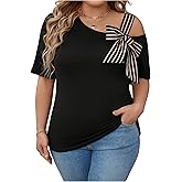 SOLY HUX Women's Plus Size Cold Shoulder Tops Summer Dressy Striped Bowknot Tunic Top Short Sleeve Fitted Tee Shirts
