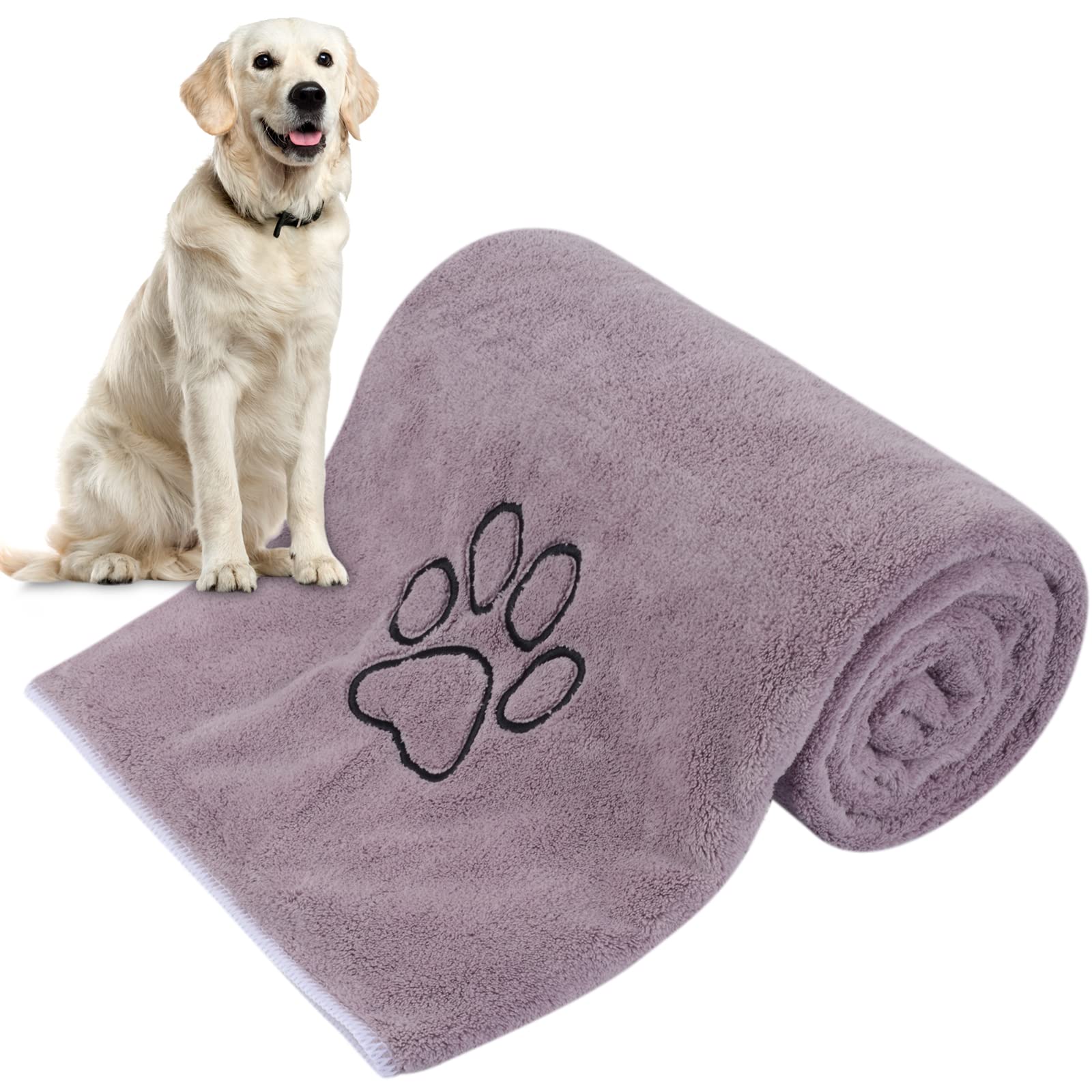 KinHwa Microfibre Dog Towels Large 127cm x 76cm Super Absorbent and Quick Dry Pet Towels for Bath Dogs Cats with Embroidered Paw Print Purple