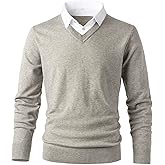 Herothorn Men's Knit Sweater Fashion Pullover Soft Touch V-Neck Sweatshirt Top with Plaid or White Mock Shirt Collar