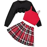 fioukiay Girls 3 Piece Outfit Skirt Sets Long Sleeve Sweatshirt and Plaid Pleated Skirt with Camisole Clothes Set