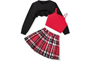 fioukiay Girls 3 Piece Outfit Skirt Sets Long Sleeve Sweatshirt and Plaid Pleated Skirt with Camisole Clothes Set