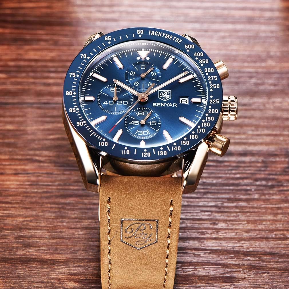 BENYAR Men's Watches Quartz Sports Chronograph Fashion Business Luxury Brand Waterproof Watch Analog Date Men's Brown Leather Watch for Men(Brown Gold Blue) - Image 5