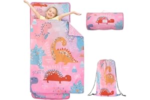 Wowelife Dinosaur Nap Mats for Daycare, Pink Toddler Sleeping Bag Girls, Toddler Nap Mat with Pillow, Minky Blanket and Matching Bag as Backpack for Daycare, Kindergarten, Sleepovers,Pink