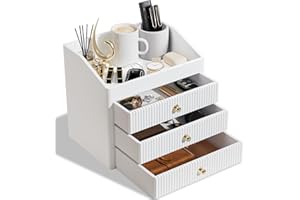 LADSTAG Office Accessories,Begie White Vegan Leather Office Supplies with 3 Drawers & Tray for Desk,Perfume Organizer with Gold-Tone Metal Accents Knob for End Tables,Bedside Table,Bedroom
