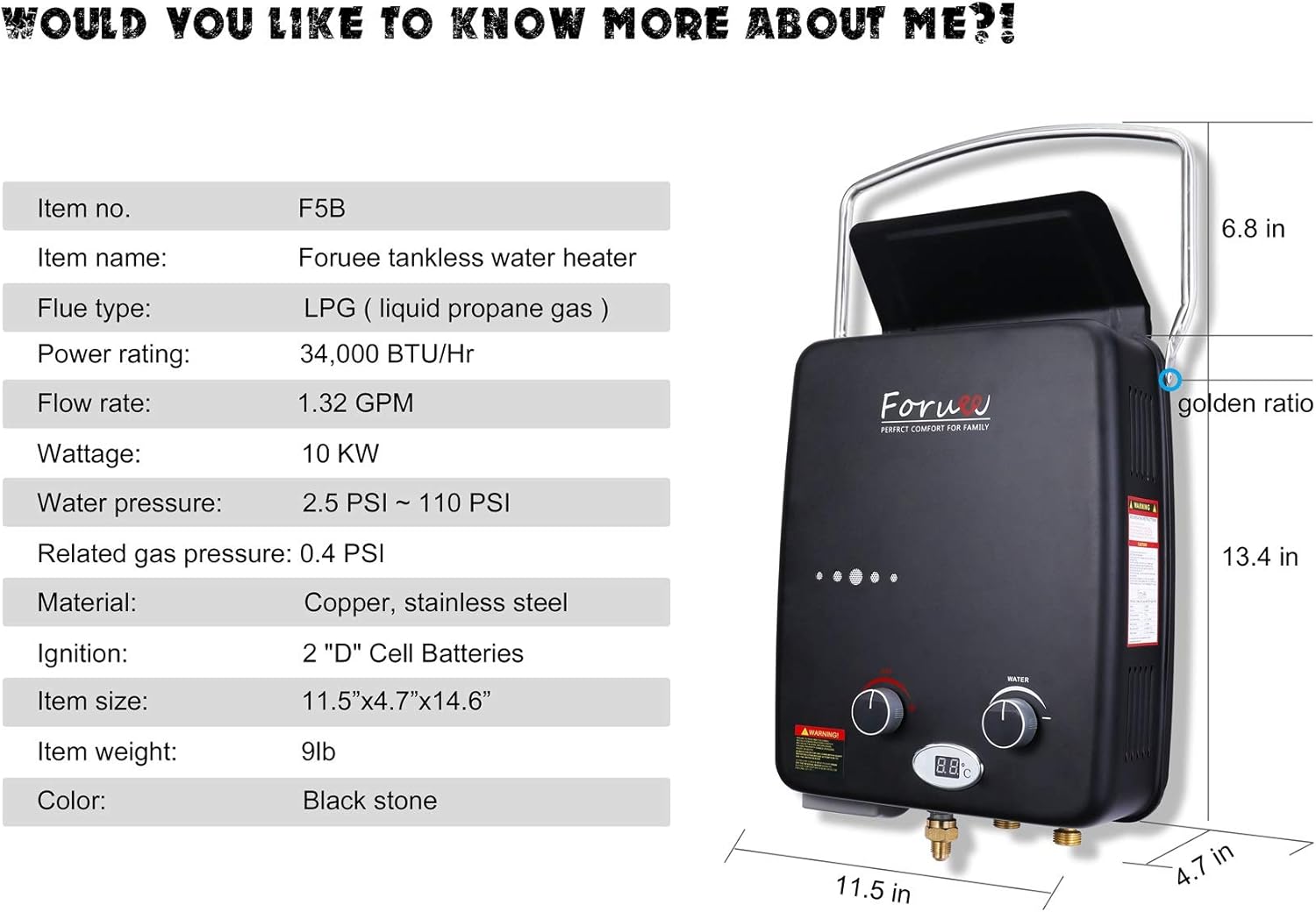 Portable Propane Tankless Water Heater, 1.32GPM/5Litre Capacity, 6-IN-1 Multiple Protection, 7 More Usage Scenarios, Low Pressure Startup, Black - - 