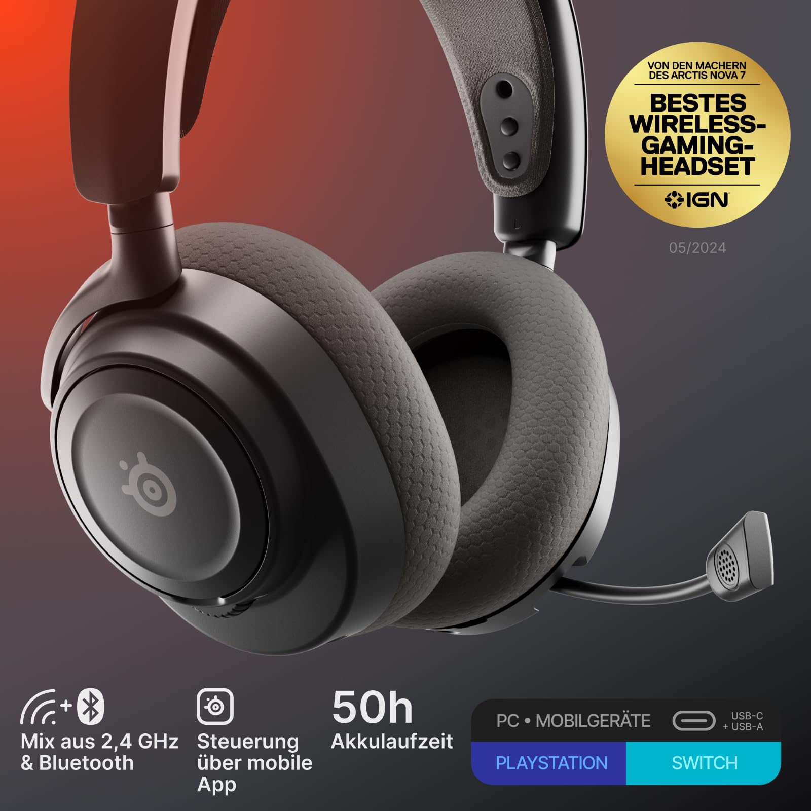 SteelSeries Arctis Nova 7 Wireless Gen 2 Multi-Plattform-Gaming-Headset - Echtzeit-App-Steuerung - Über 50 Std. Akkulaufzeit - 2,4 GHz/Bluetooth parallel möglich -PC, PS5, PS4, Switch 1/2, Mobilgeräte 2
