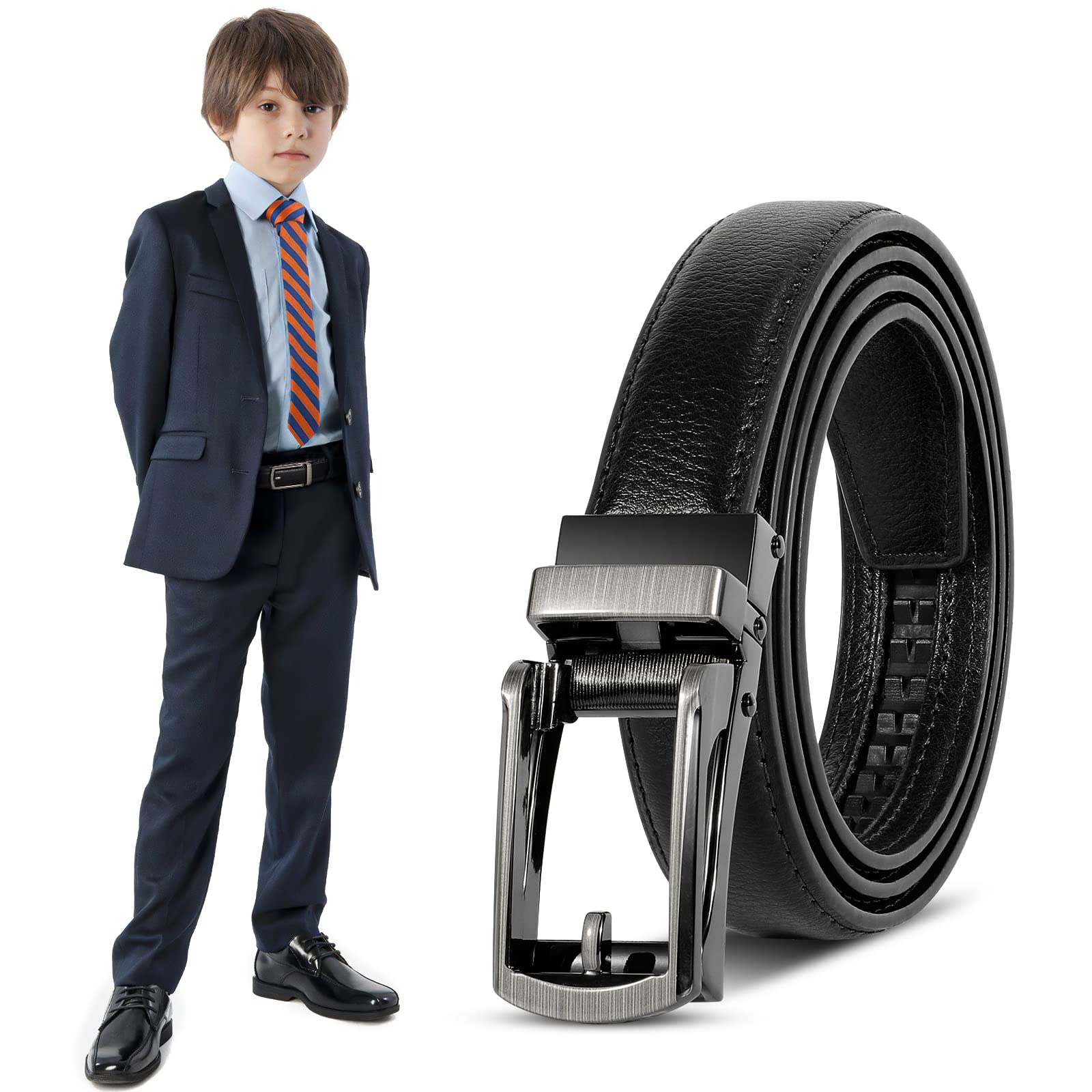 XZQTIVE Boy Ratchet Leather Belts Easy Slid Click Buckle Auto Belt For Kids School Uniform Dress Jeans