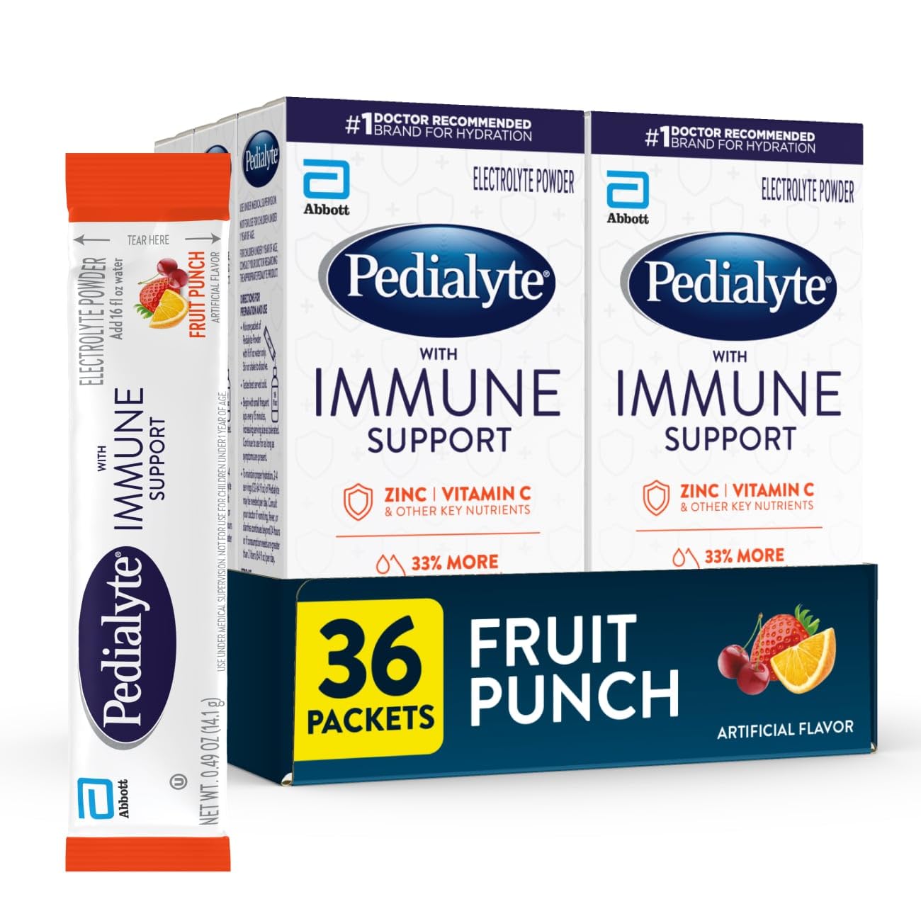 Pedialyte with Immune Support, Electrolyte Drink Powder with Vitamin C and Zinc, Advanced Hydration, Fruit Punch, 36 Powder Packets Image