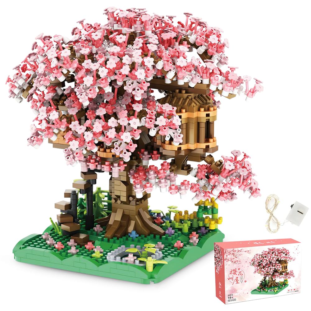 DIY Cherry Blossom Tree House Sakura Tree House Collection Building Set Micro Building Blocks Set Artificial Cherry Flowers Mini Brick House Building Kit Kids Gifts