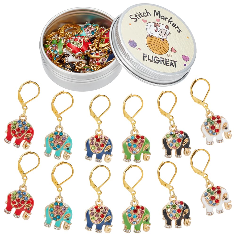 PLIGREAT 12 Pcs Colorful Rhinestones Enamel Elephant Charms Crochet Stitch Markers Knitting Row Counter Locking Mark Needle Clip Knitting Tool Kit with Storage Tin Box DIY Jewelry Crafts Accessories
