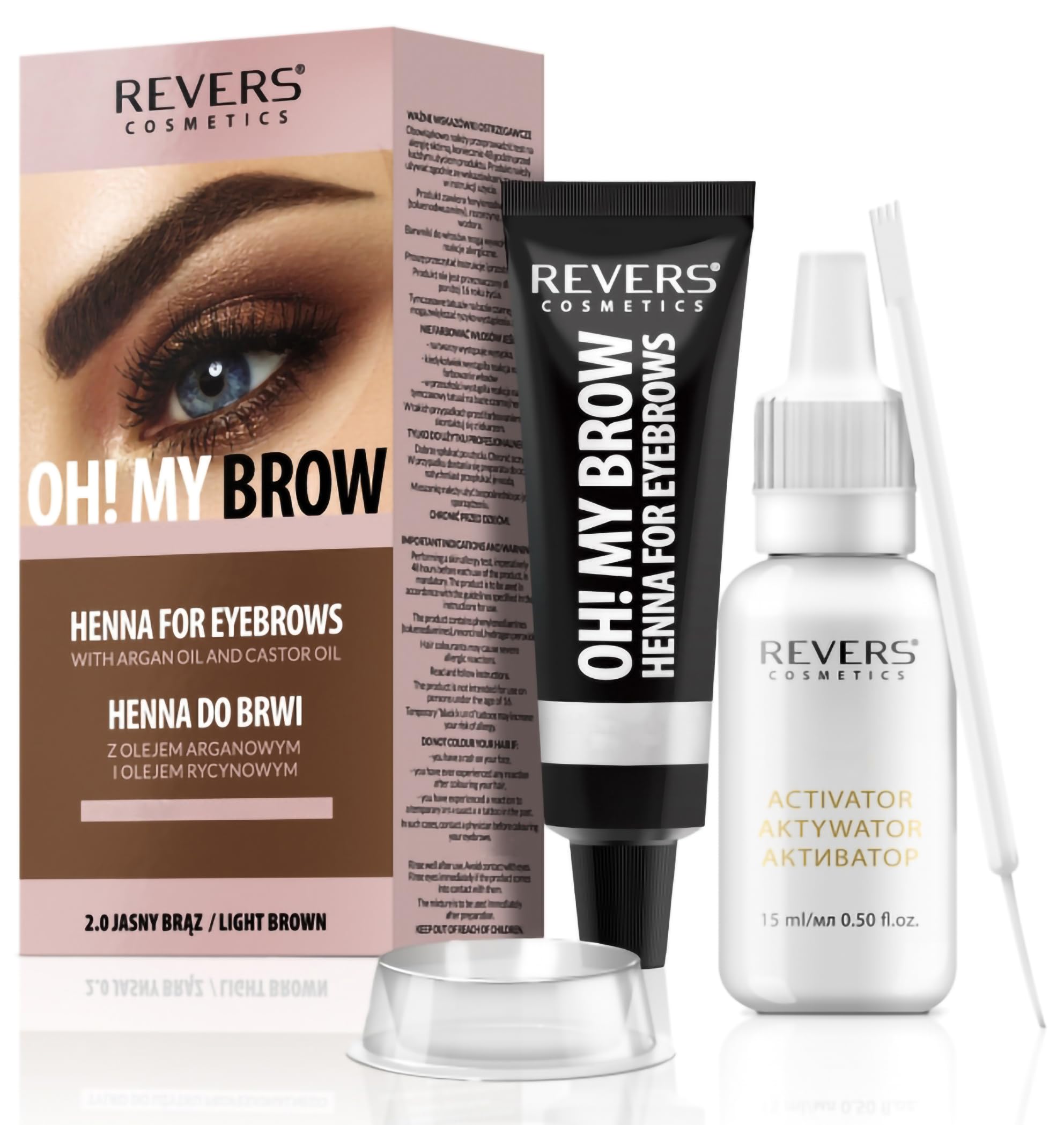 REVERS COSMETICS Eyebrow Dye Kit Light Brown Ammonia Free, Brow Tint with Argan Oil and Castor Oil, Salon Quality, Natural Result, Lasts Up to 4 Weeks, Up to 15 Applications