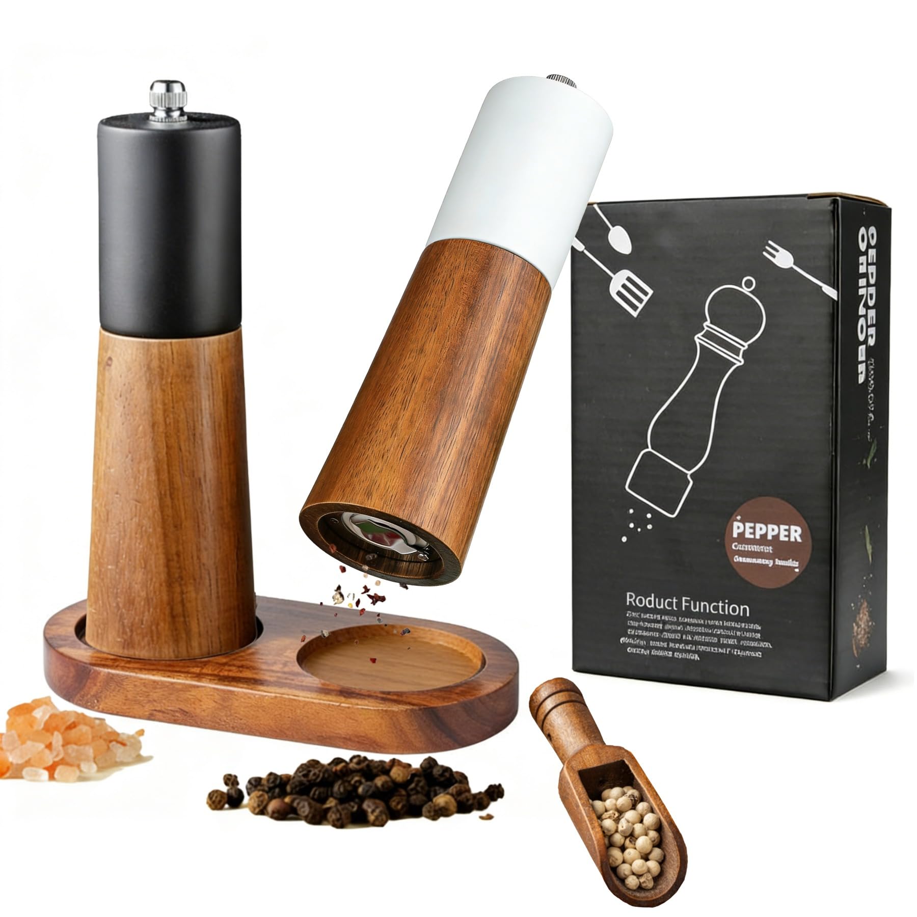 GCFTIFF Salt and Pepper Grinder Set Wooden, Pepper Mill 2pcs Manual Salt Pepper Shakers Grinder with Adjustable Ceramic Grinding Rotor, with Wooden Stand & refillable Spoon (White + Black, 6 Inches)