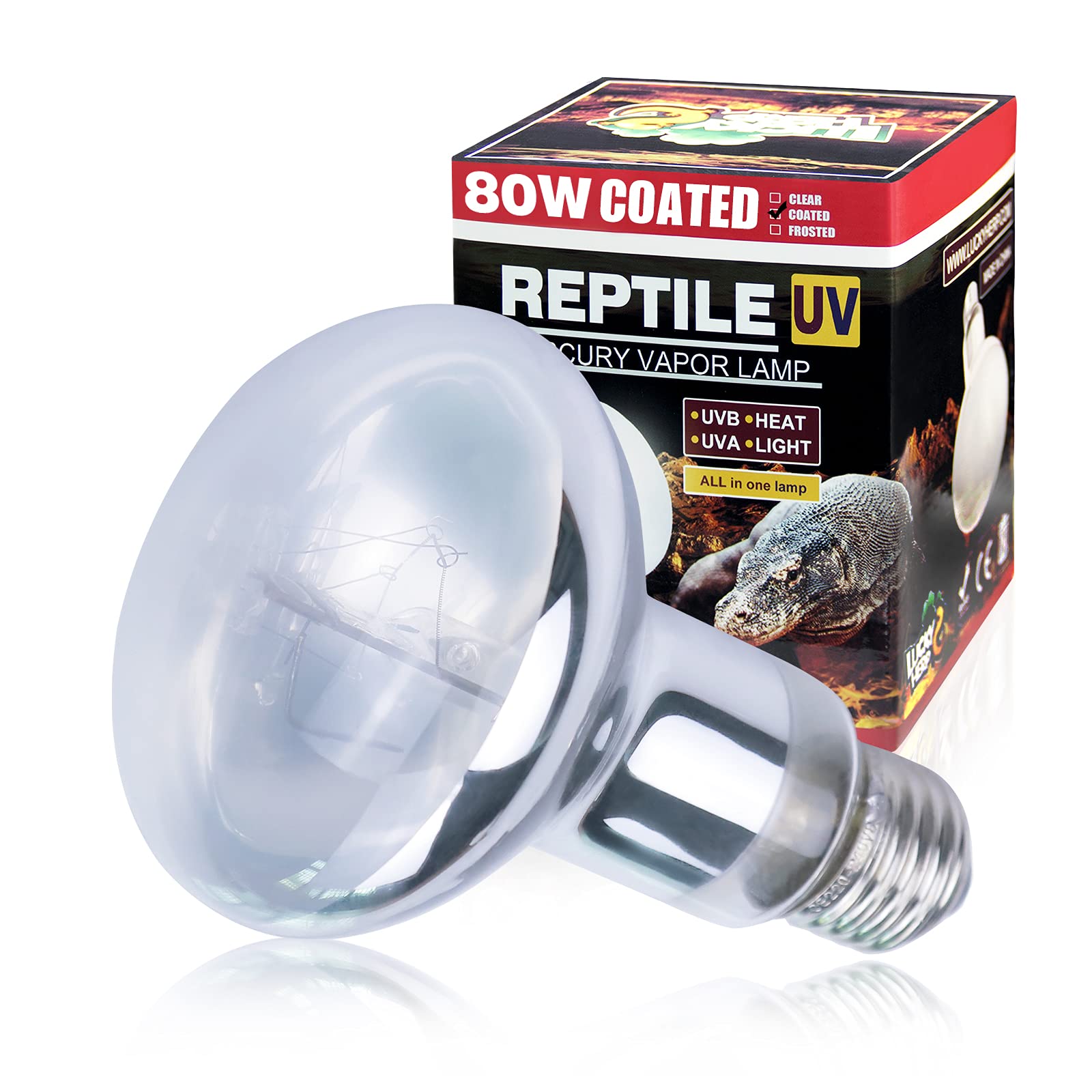 LUCKY HERP Reptile UVA UVB Heat Bulb, 80W E27 Turtle UV Heat Lamp, Vivarium D3 Basking Light Bulb for Reptile, Tortoise, Bearded Dragon and Amphibian