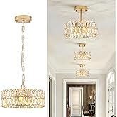 CATINER Small Gold Crystal Chandeliers, Modern Semi Flush Mount Chandelier 4-Light Drum Crystal Ceiling Pendant Light Fixture