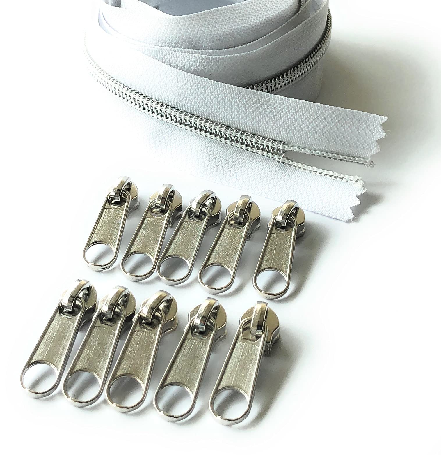 ADS Zipper Continuous Nylon No.5 Zip with Sliders #5 Chain Zipper on Roll with 10 Pullers (White (Silver - 101 S), 196.8" - 5 metre)