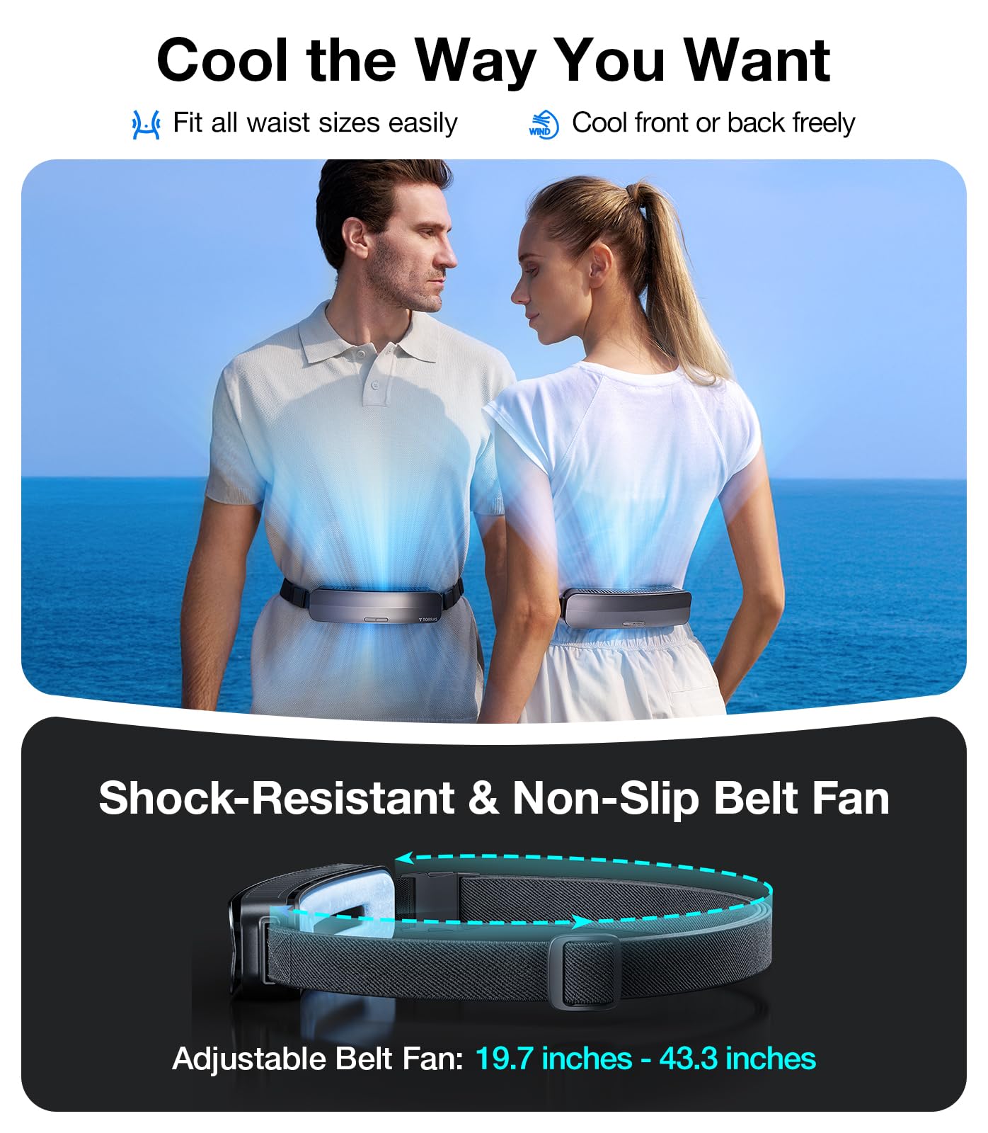 TORRAS 2025 Top Portable Waist Fan COOLiFY Zone 3, Ultra-Light Personal Wearable Belt Fan, 26ft/s Strongest Wind for Full Body Cooling【No.1 Cooling Area & Cool Tech】 Rechargeable for Outdoor/Jobsite