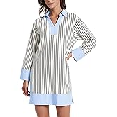 Kedera Women's Summer Striped Dress Long Sleeve V Neck Collared Shirt Mini Dresses 2025 Trendy with Side Slit