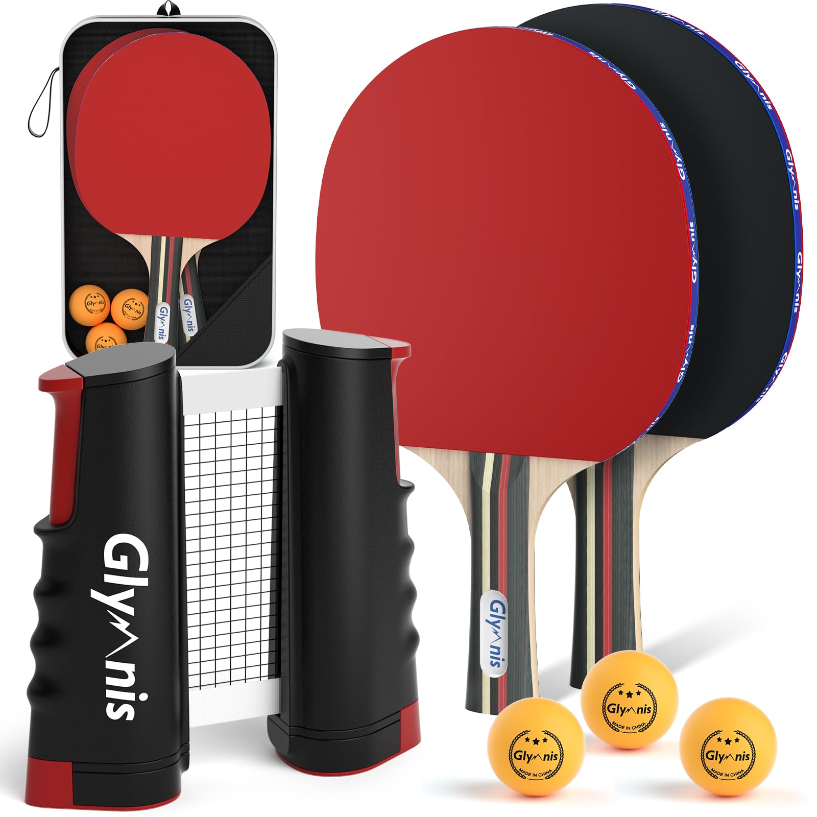 Glymnis Table Tennis Set Portable Ping Pong Set with Retractable table Net, Table Tennis Bats, 3-Star Ping Pong Balls & Storage Bag, Premium All-in-One Kit for Any Table