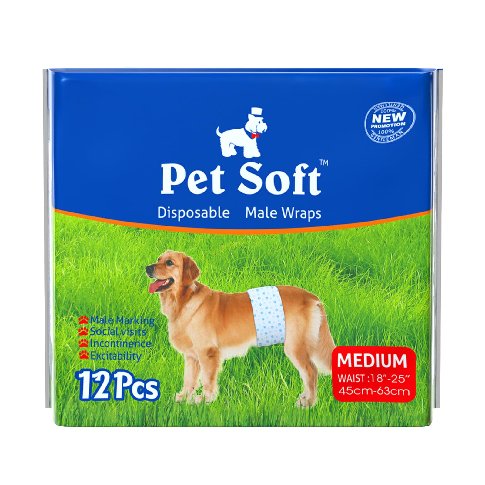 Pet Soft Male Dog Nappies - Disposable Pet Diapers Male Dog Wraps, Super Absorbent Doggy Puppy Nappies for Dogs & Cats Urinary incontinence Medium 12count (M 12count (18'-25'))
