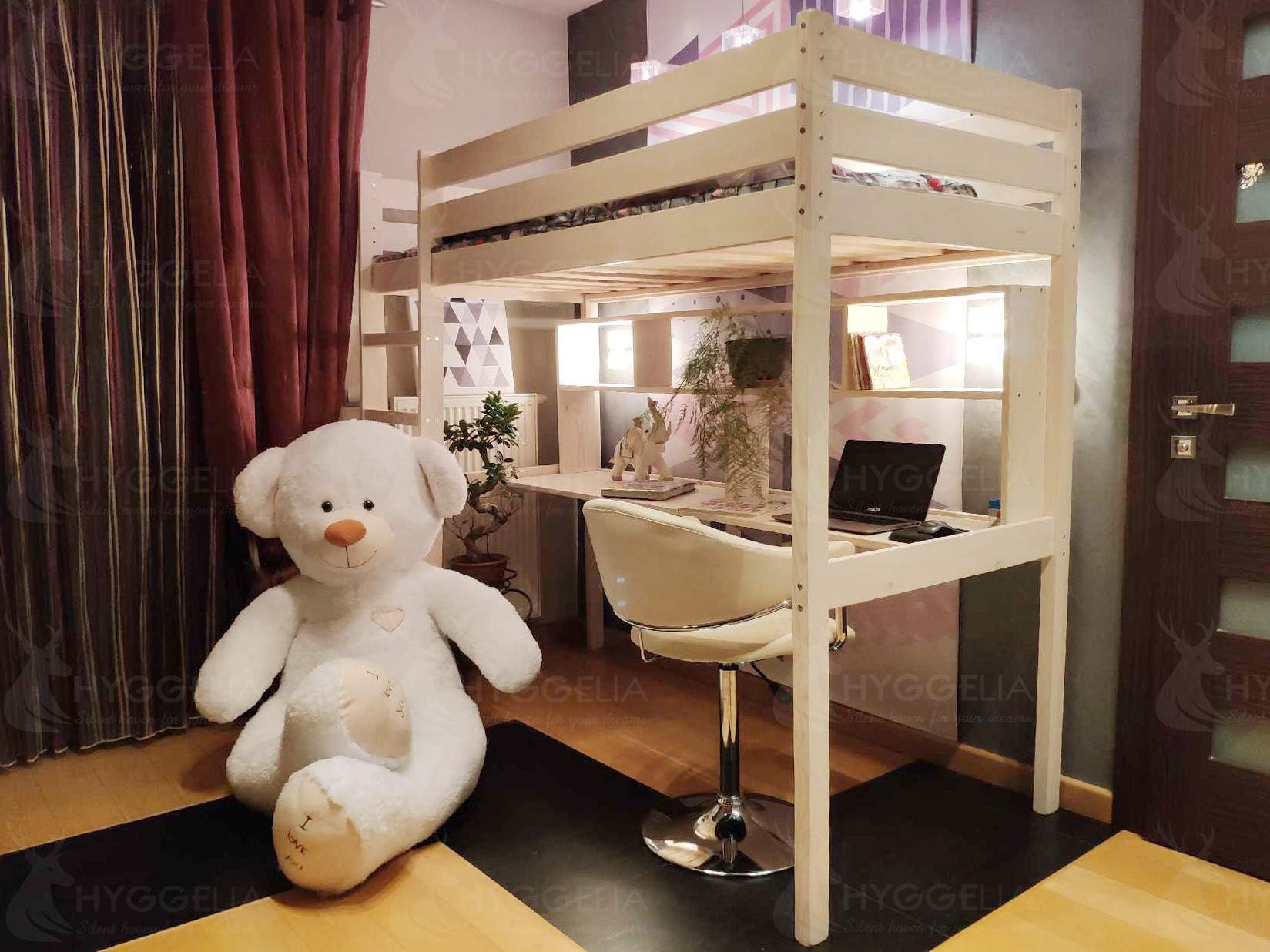 Hyggelia Bed Wooden Bunk bed with barriers + Desk built in underneath in space saving high sleeper cabin the child's bed (60 x 120cm, Painted (Choose Color))