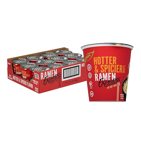 RAMEN EXPRESS HOTTER AND SPICIER FLAVOR RAMEN CUP NOODLE, 2.25 OZ EACH (PACK OF 12) | ANIMAL-FREE RAMEN NOODLES | ALL PLANT-BASED | MADE IN U.S. WITH FINEST AMERICAN FLOUR