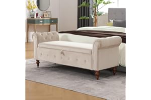 Virabit 63'' Storage Ottoman Bench for Bedroom, End of Bed Bench with Arms, Velvet Storage Bench with Button for Entryway, Living Room,Hallway, Large Storage Bench Foot Rest (Beige)