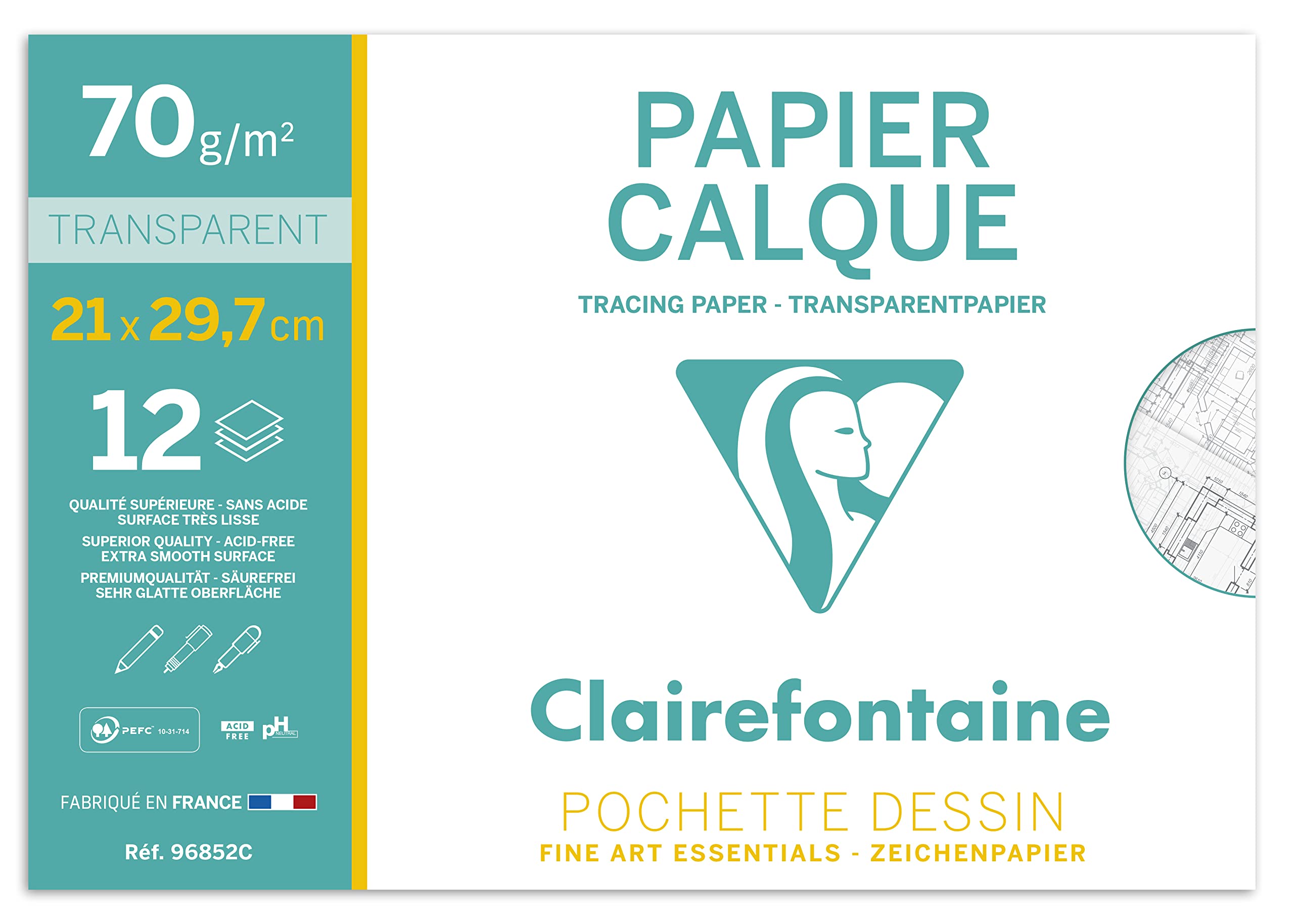 Clairefontaine - Ref 96852C - Tracing Paper (12 Sheets) - A4 Sized, 70/75g, High Transparency, Smooth Surface, Acid Free, Printable - Suitable for Ink, Marker & Pencil