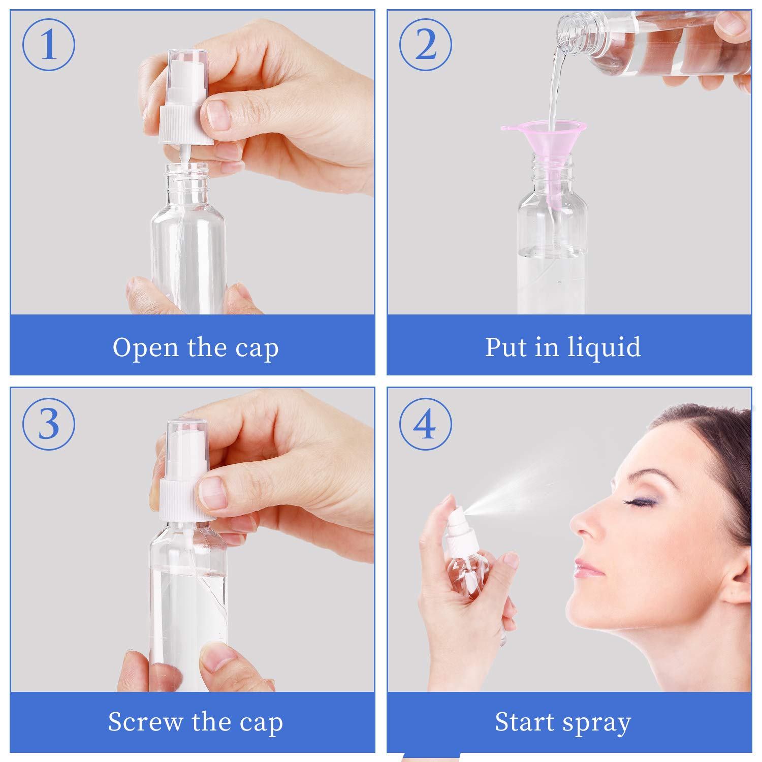 24 Pcs 1.7oz / 50ml Spray Bottles with 2pcs Funnels 32pcs Labels Clear Empty Mini Spray Bottles Refillable Container Pocket Size Sprayer Set Essential Oils Travel Cleaning Makeup Bottles Nearly 2oz : Beauty