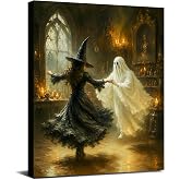 Ghost Witch Dancing Wall Art Dark Academia Halloween Decor Framed Canvas | Vintage Ghost and Witch Dancing Wall Art 8x10 Inch Framed Canvas Dark Academia Halloween Decor for Living Room Bedroom Office