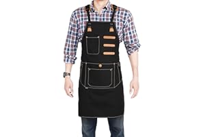 HOLANTON Work Tool Apron for Unisex Kitchen Cafe Garden Chef BBQ Denim Smock Multifunctional with 9 Pockets Cross-Back Straps