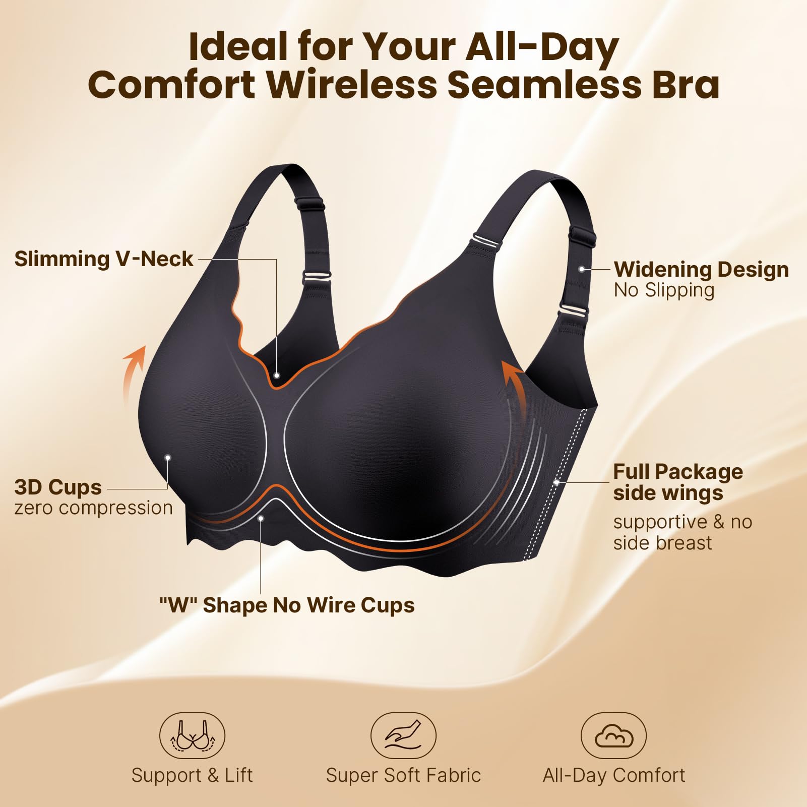 PQK Bras No Underwire for Women Comfortable Wireless Seamless T Shirt Bras Wavy Edge Full Coverage Push Up Bra (Size S Black)